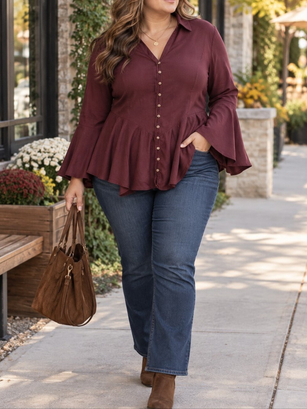 Torrid Plus Size Deep Burgundy Button Front Peplum Blouse Bell Sleeve
